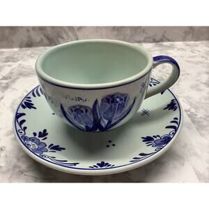 Delft Blue Embossed Tulip Teacup and Saucer Set - Hand Pained - Dutch Delftware